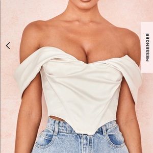 🤍HOUSE OF CB 'Silva' Ivory Satin Draped Shoulder Corset Top Size S